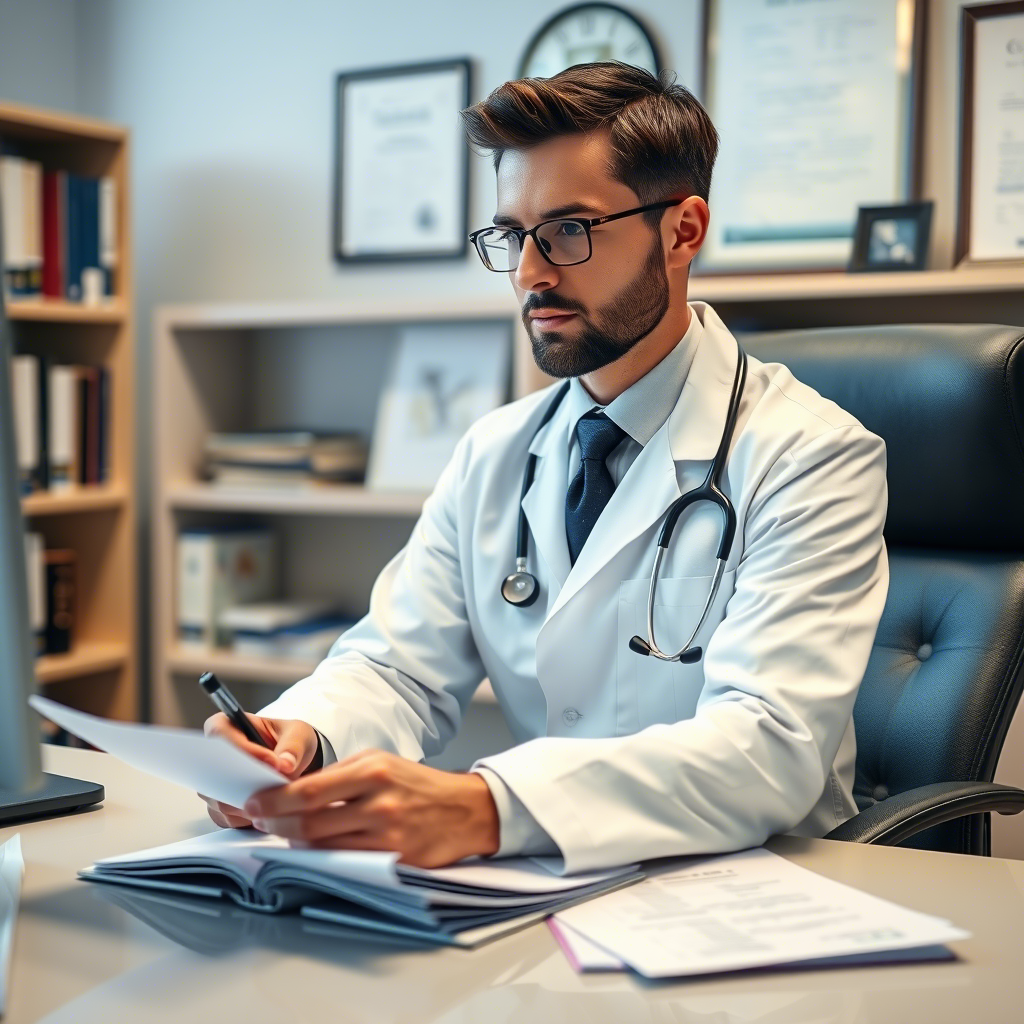 Médico internista en consulta de medicina interna evaluando documentos y elaborando diagnóstico integral.