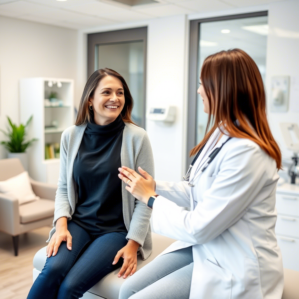 Female patient consulting with a doctor during Checkup Internista Mujer including hemoglobin test, body composition, and blood pressure measurement.