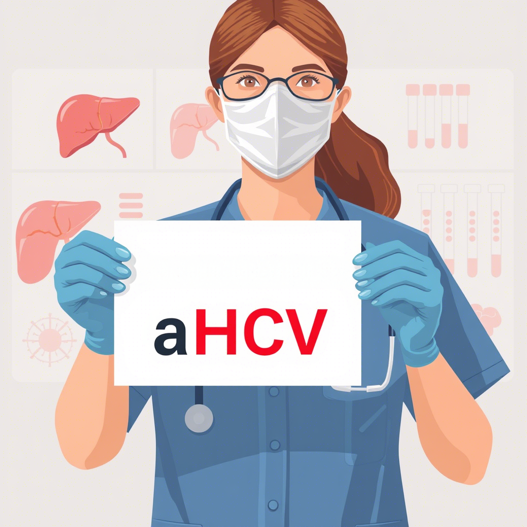 Medical professional holding a sign with "aHCV" symbolizing AC. ANTI HEPATITIS C antibody test detection