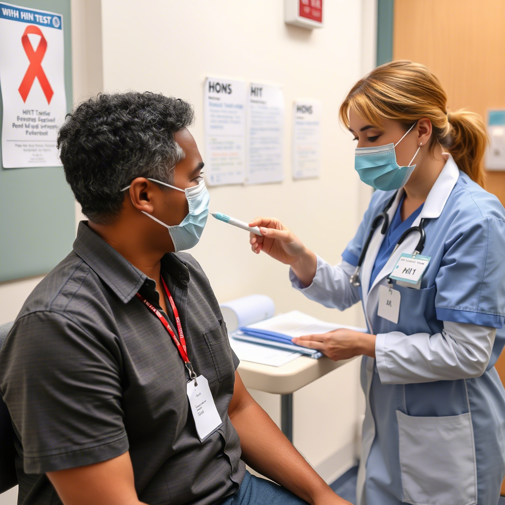 Healthcare professional performing HIV antibody test on male patient wearing masks in clinic room