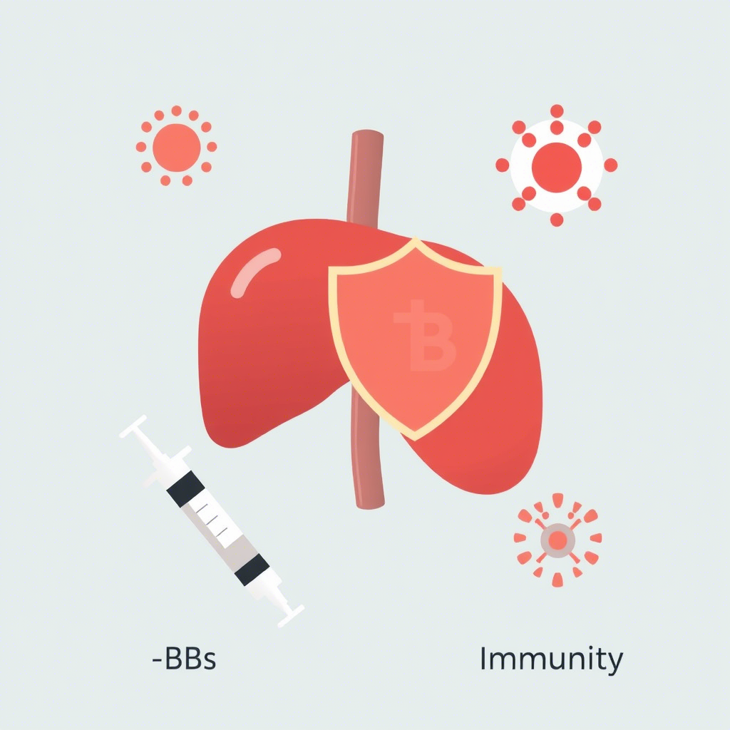 Illustration of liver protection with shield symbol, surrounding viruses, and a syringe representing AC ANTI AG immunity against Hepatitis B.