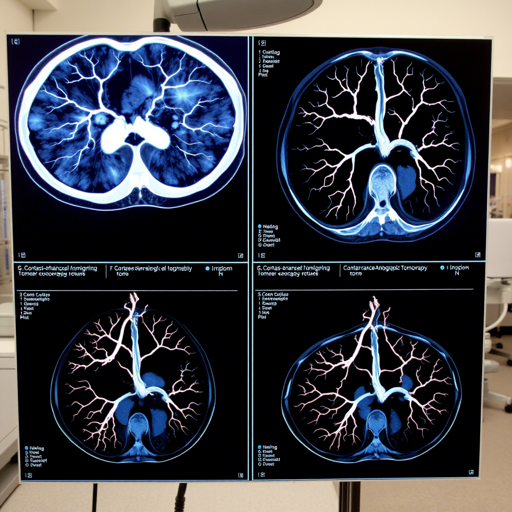 Imágenes de angiotomografía contrastada mostrando vasos sanguíneos con medio de contraste en tomografía computada.