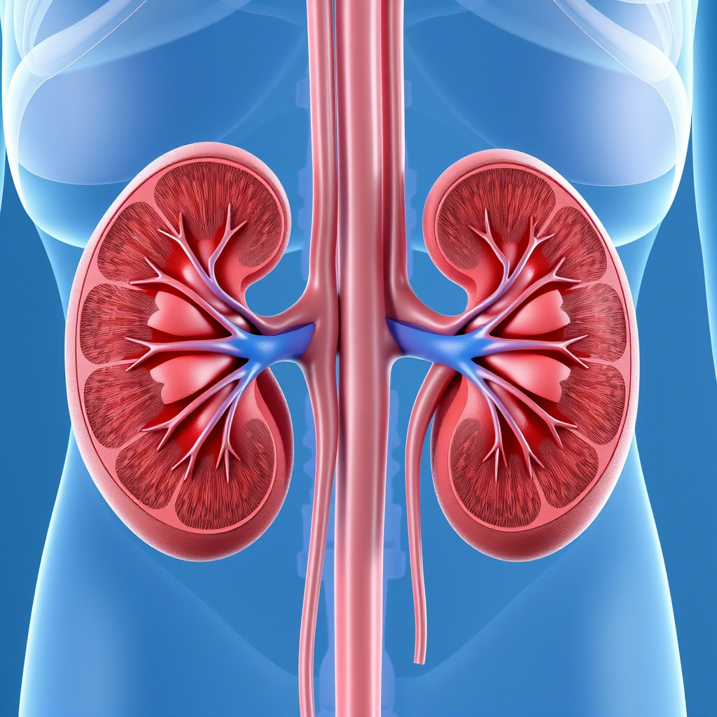 3D medical illustration of human kidneys and adrenal glands for DEHIDROEPIANDROSTERONA TOTAL evaluation