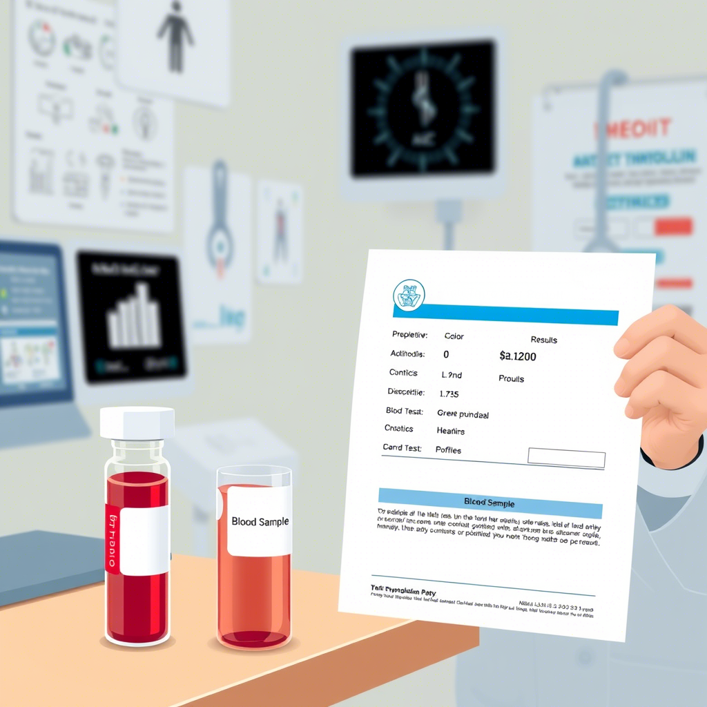 Blood sample vial and test report for AC. Anti Tiroglobulina antibody thyroid protein level analysis