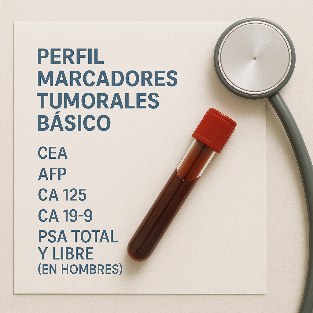 Basic tumor marker profile test tube with blood sample and stethoscope for cancer diagnosis and monitoring.