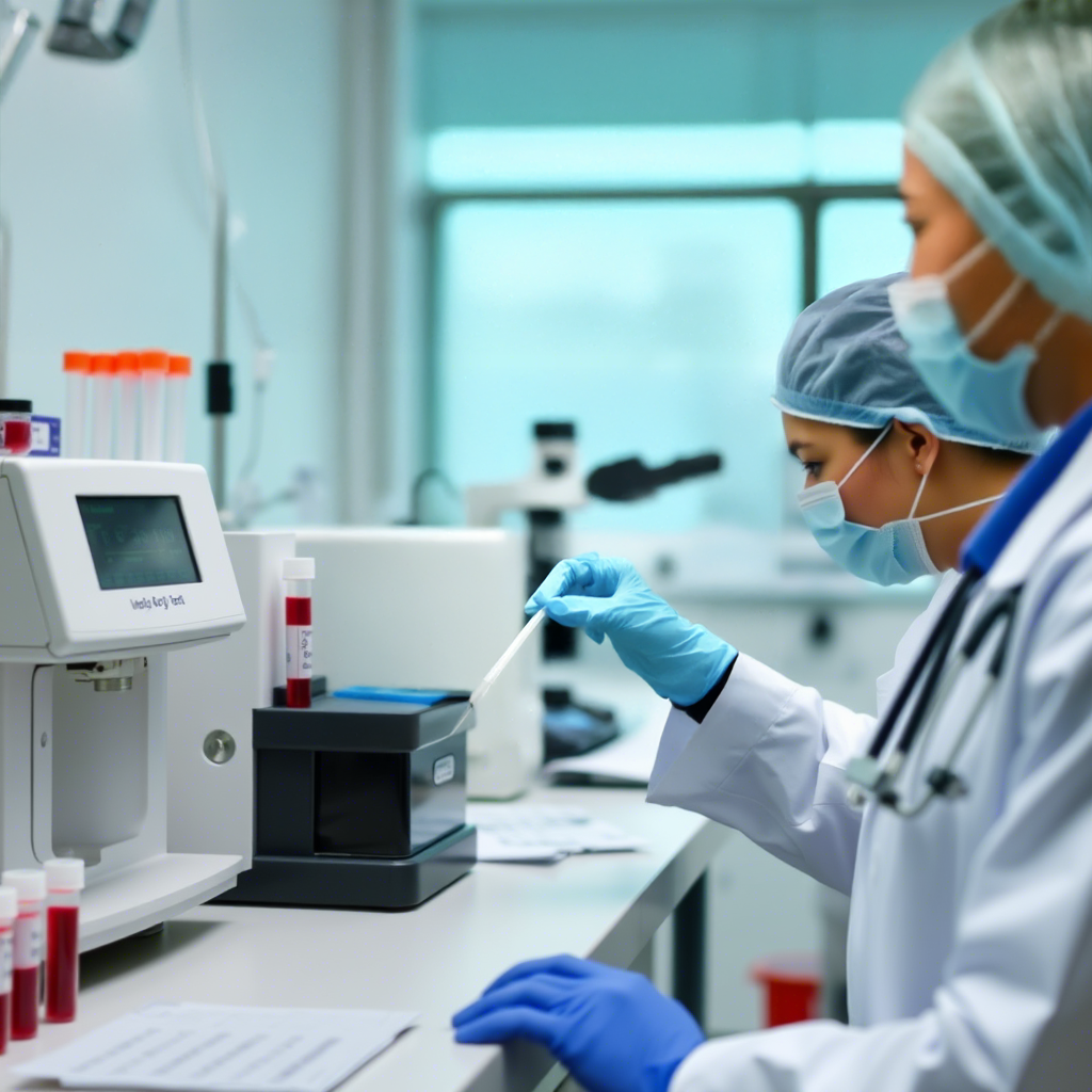 Medical laboratory technician performing ALANINA AMINOTRANSFERASA (ALT/TGP) blood test analysis in a clinical lab.