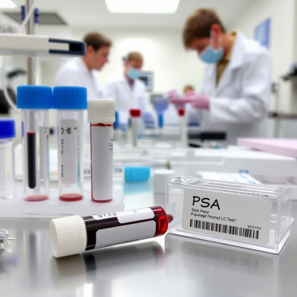 Blood sample vial and PSA test kit for AG PROSTÁTICO FRACCIÓN LIBRE prostate antigen testing in a laboratory setting with technicians.