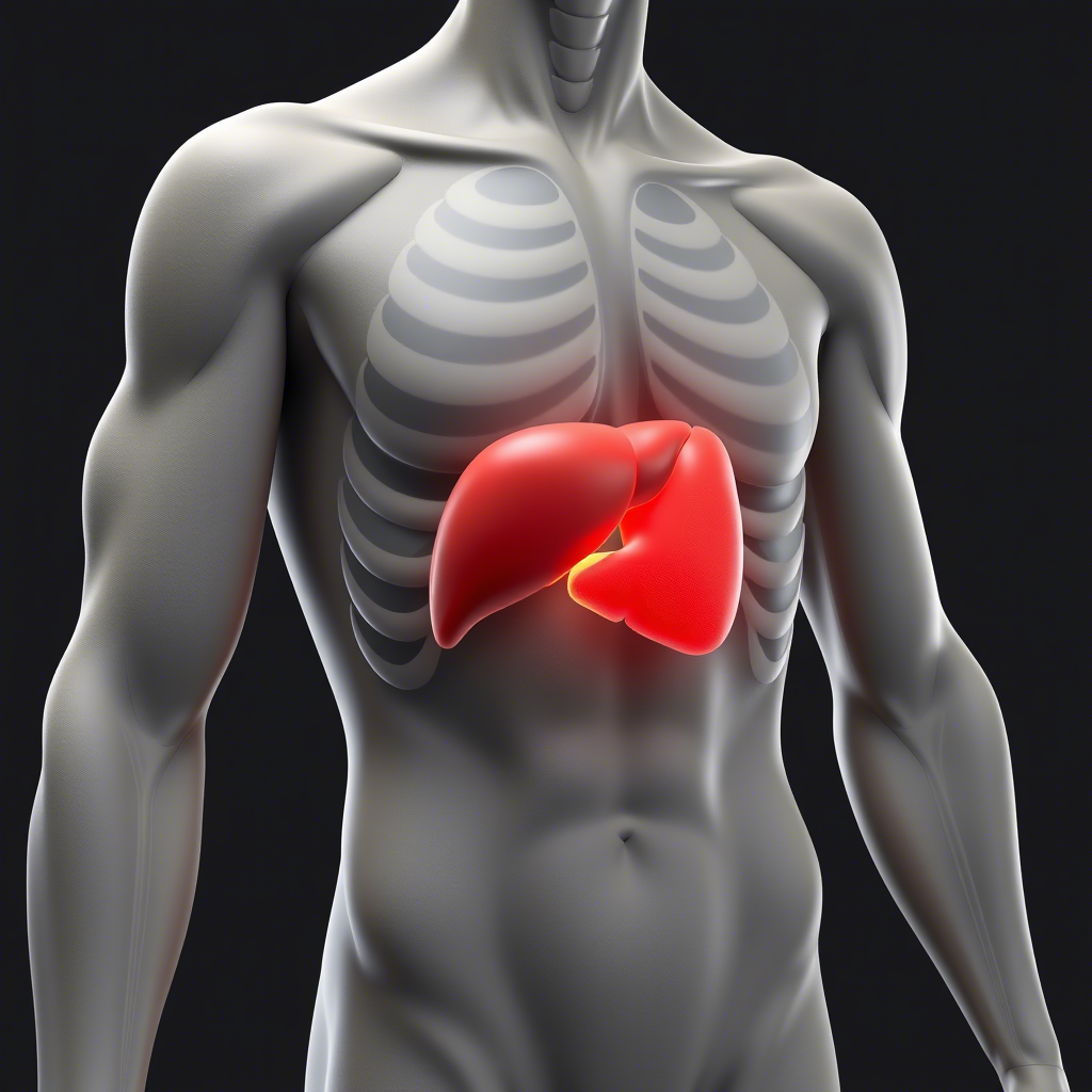 3D illustration of human torso highlighting the liver for ASPARTATO AMINOTRANSFERASA liver enzyme test and liver disease diagnosis.