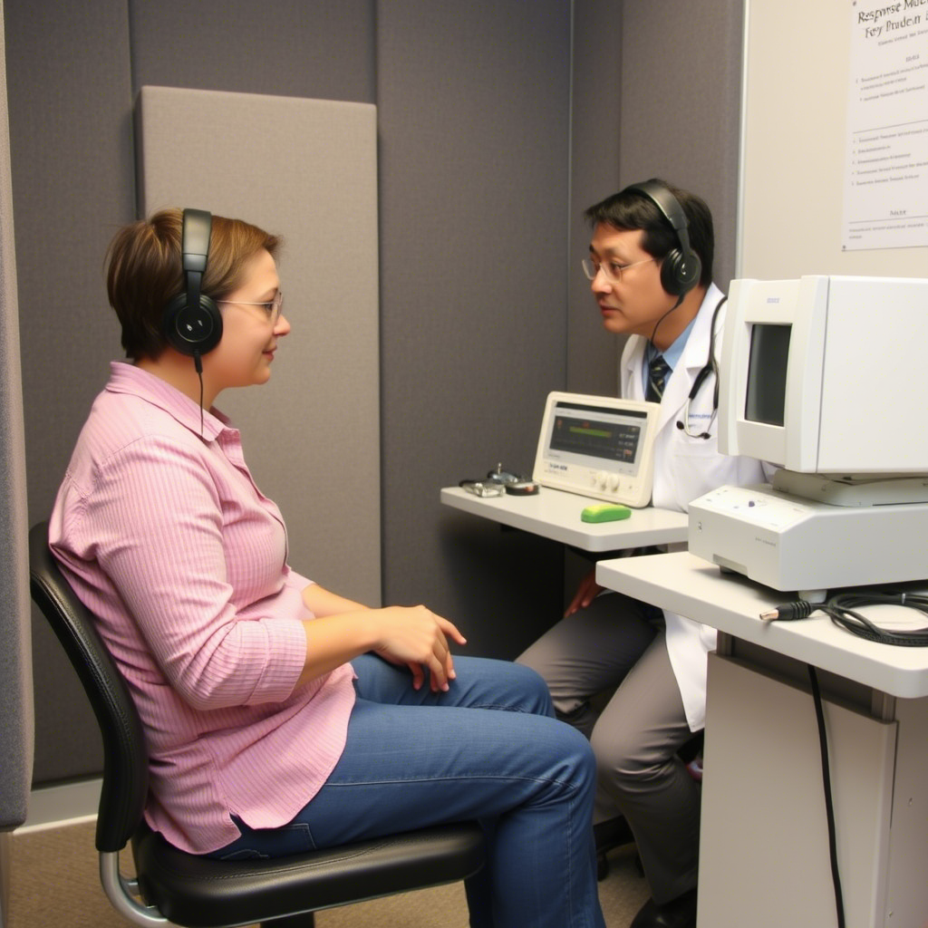 Audiometry test with doctor and patient wearing headphones in soundproof room evaluating hearing function