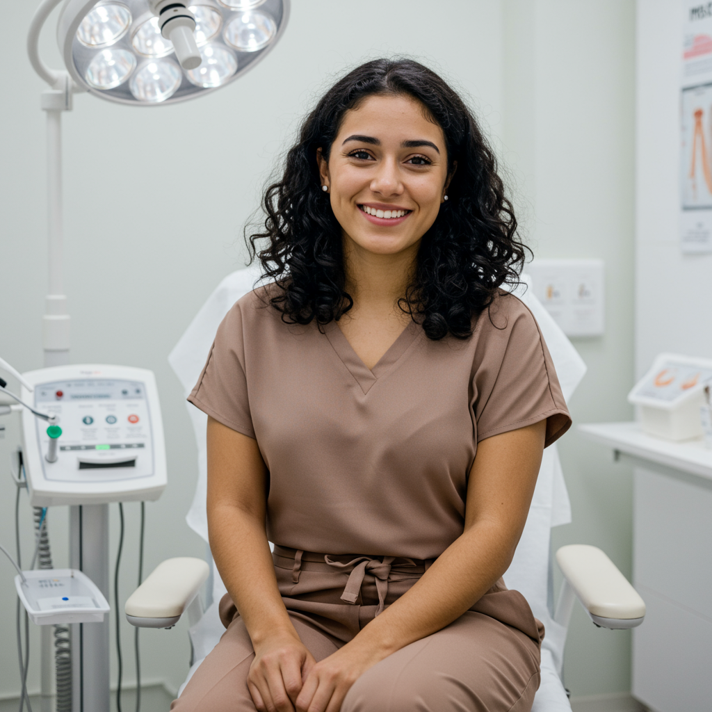 Smiling female medical professional in clinic promoting Check Up Femenino Completo for comprehensive women's health screening.