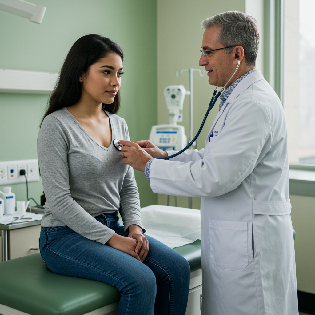 Doctor using stethoscope to perform CHECK UP MEDIO on female patient in clinic room