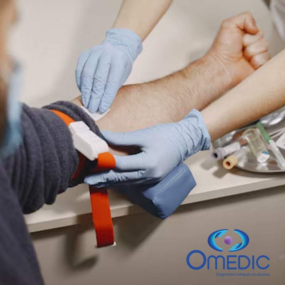 Medical professional performing blood analysis for complete health check-up with medical supplies and logo