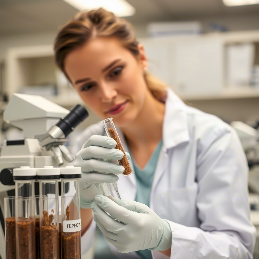 Lab technician analyzing stool samples for hidden blood test to detect colorectal cancer and gastrointestinal bleeding.