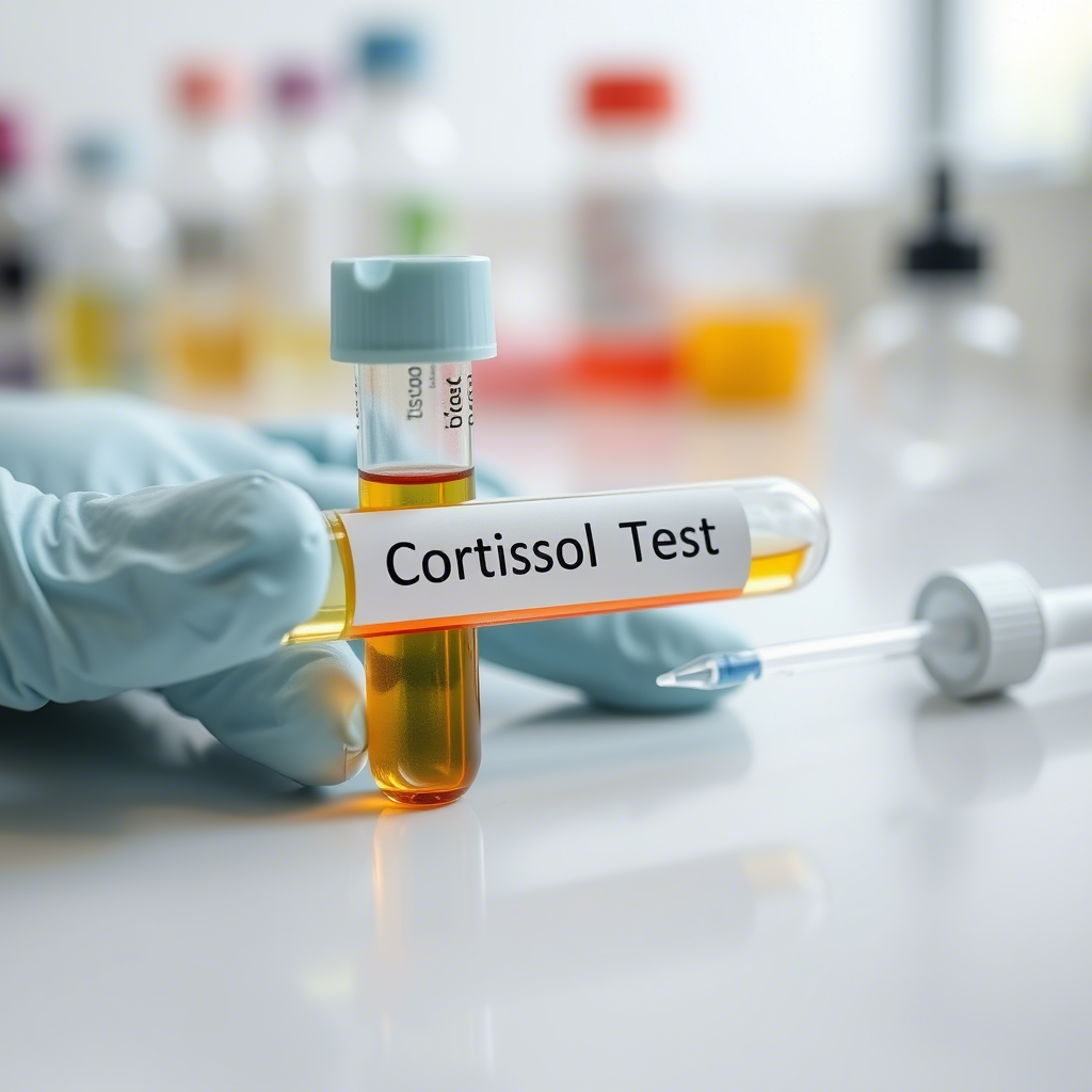 Serum cortisol test tube held by gloved hand for diagnosing Cushing syndrome and Addison's disease.