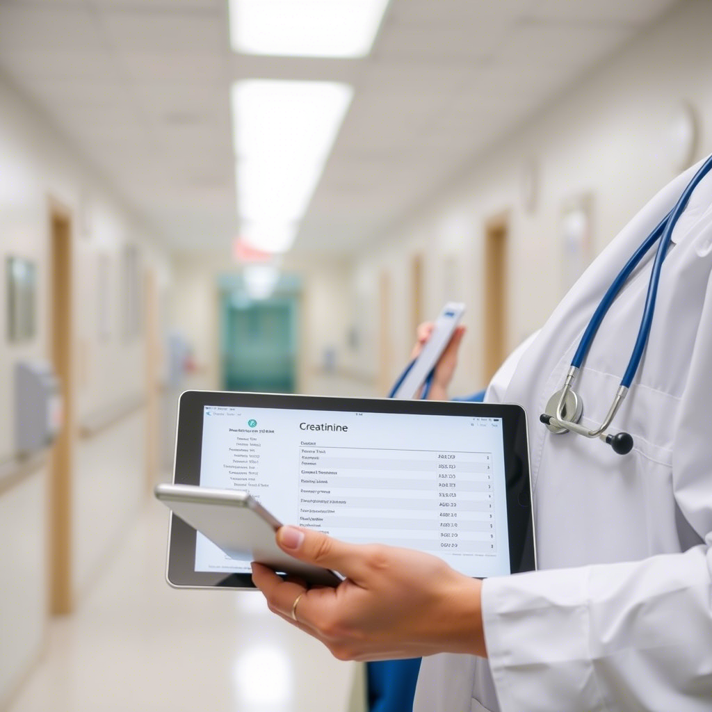 Doctor holding tablet displaying creatinine test results in hospital corridor for creatinina en orina analysis