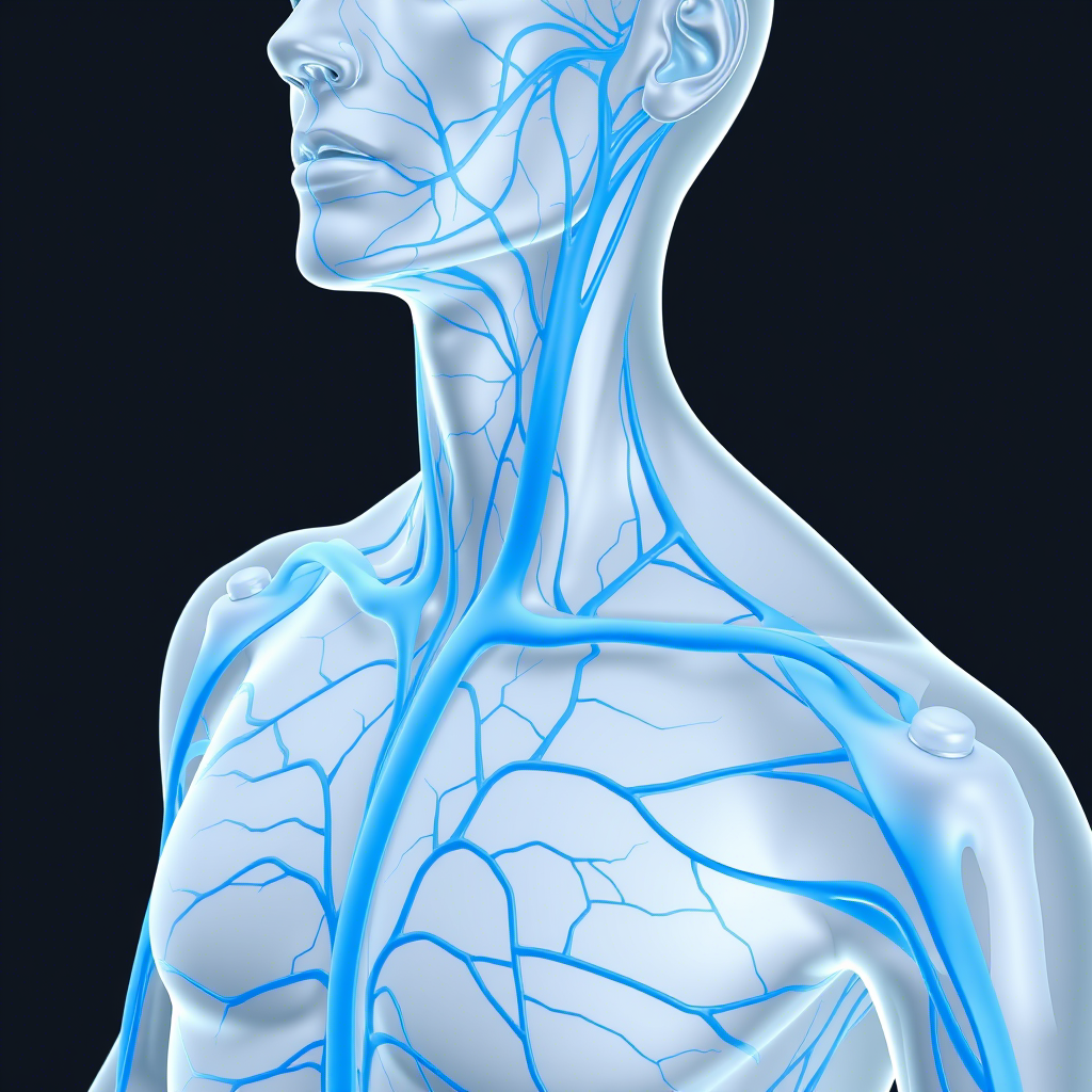 3D illustration of human upper body venous system highlighting blood vessels for DIMERO D blood clot detection test