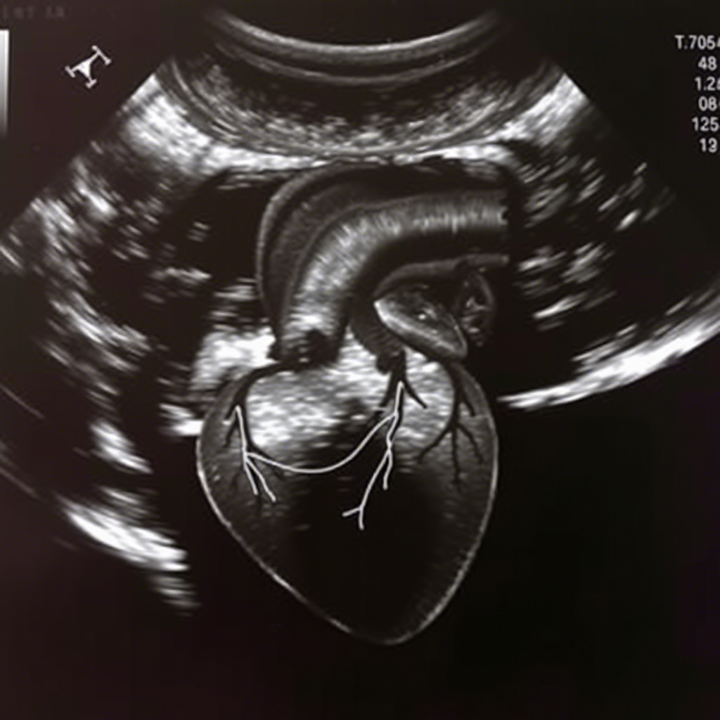 Ecocardiograma ultrasound image showing detailed heart structure and function.