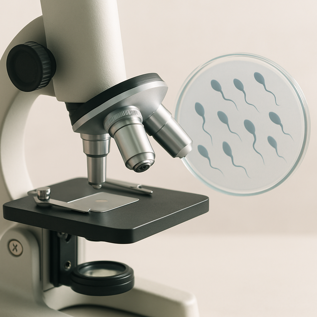 Microscope analyzing sperm sample for espermatobioscopia directa fertility test