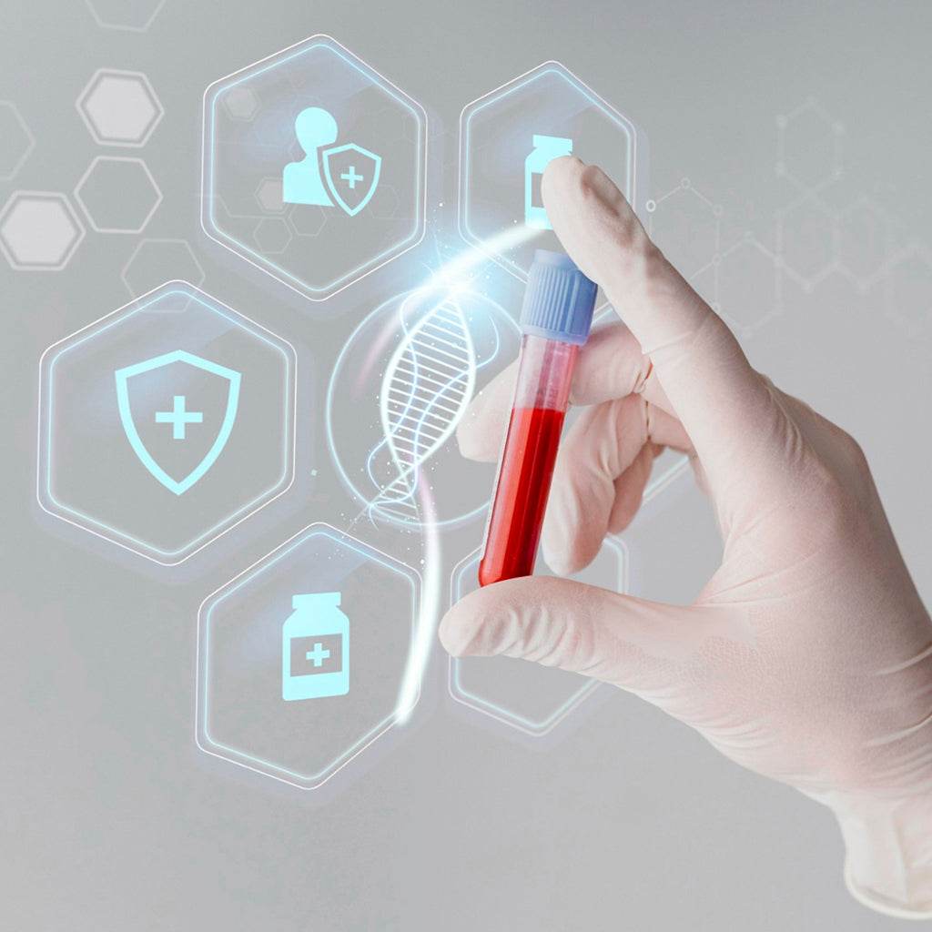 Gloved hand holding blood sample vial for quantitative rheumatoid factor test analysis