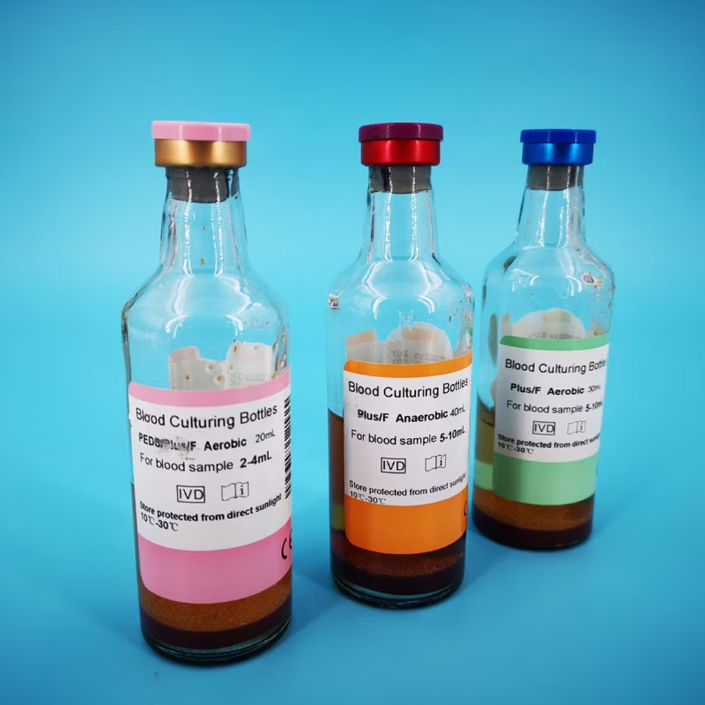 Aerobic blood culturing bottles for microorganism detection in blood samples.