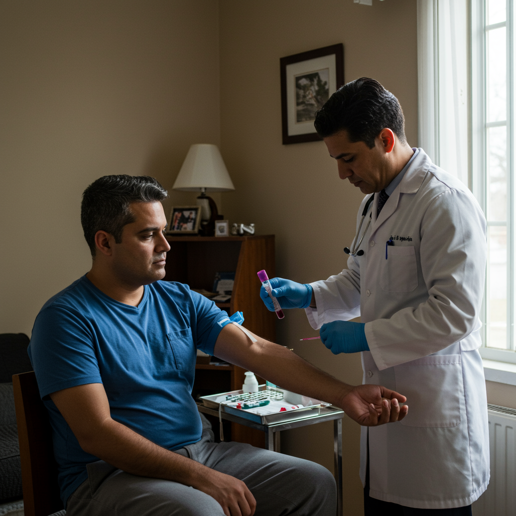 Doctor drawing blood from a patient for AC ANTI HEPATITIS A antibody test to diagnose and prevent Hepatitis A infection.