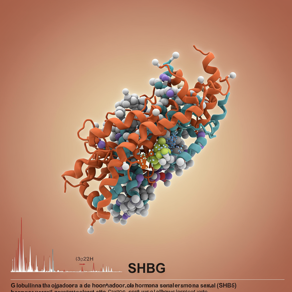 Modelo molecular de la globulina fijadora de hormona sexual (SHBG) con estructura tridimensional y etiquetas de señalización.