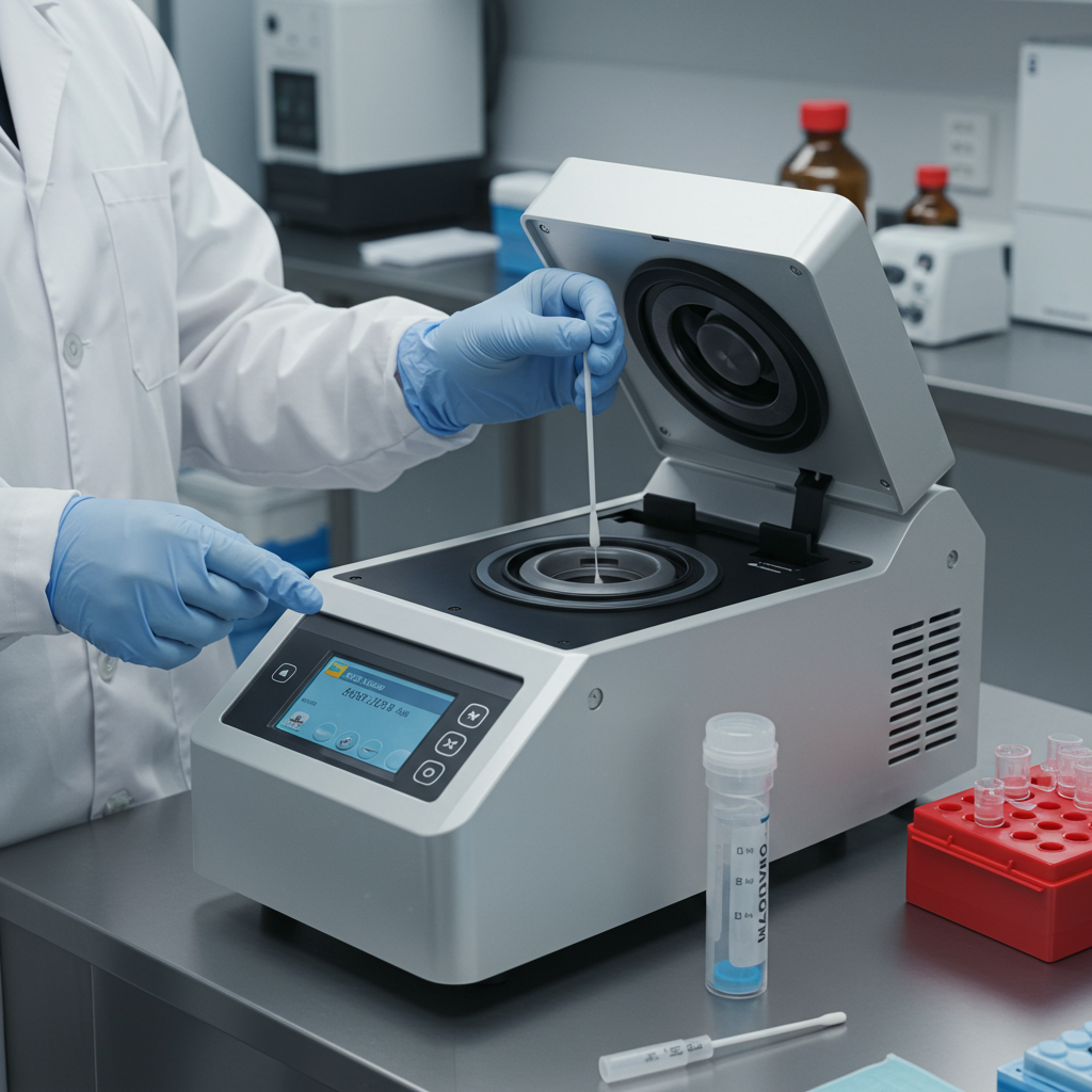 Técnico de laboratorio usando centrifugadora para prueba PCR COVID-19 en laboratorio clínico moderno