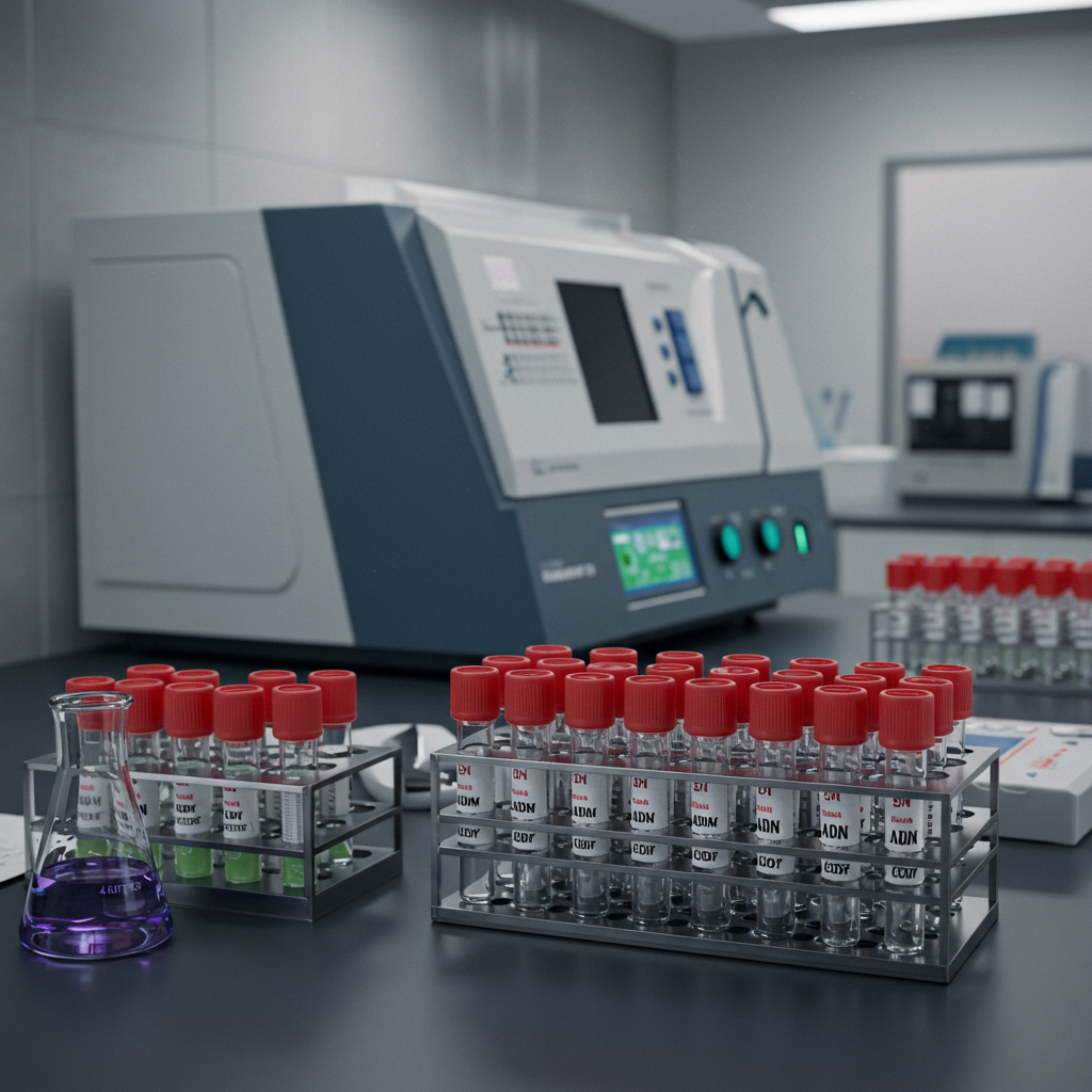 Equipo de laboratorio para PCR prueba de exclusión de paternidad con tubos de ensayo y reactivos.