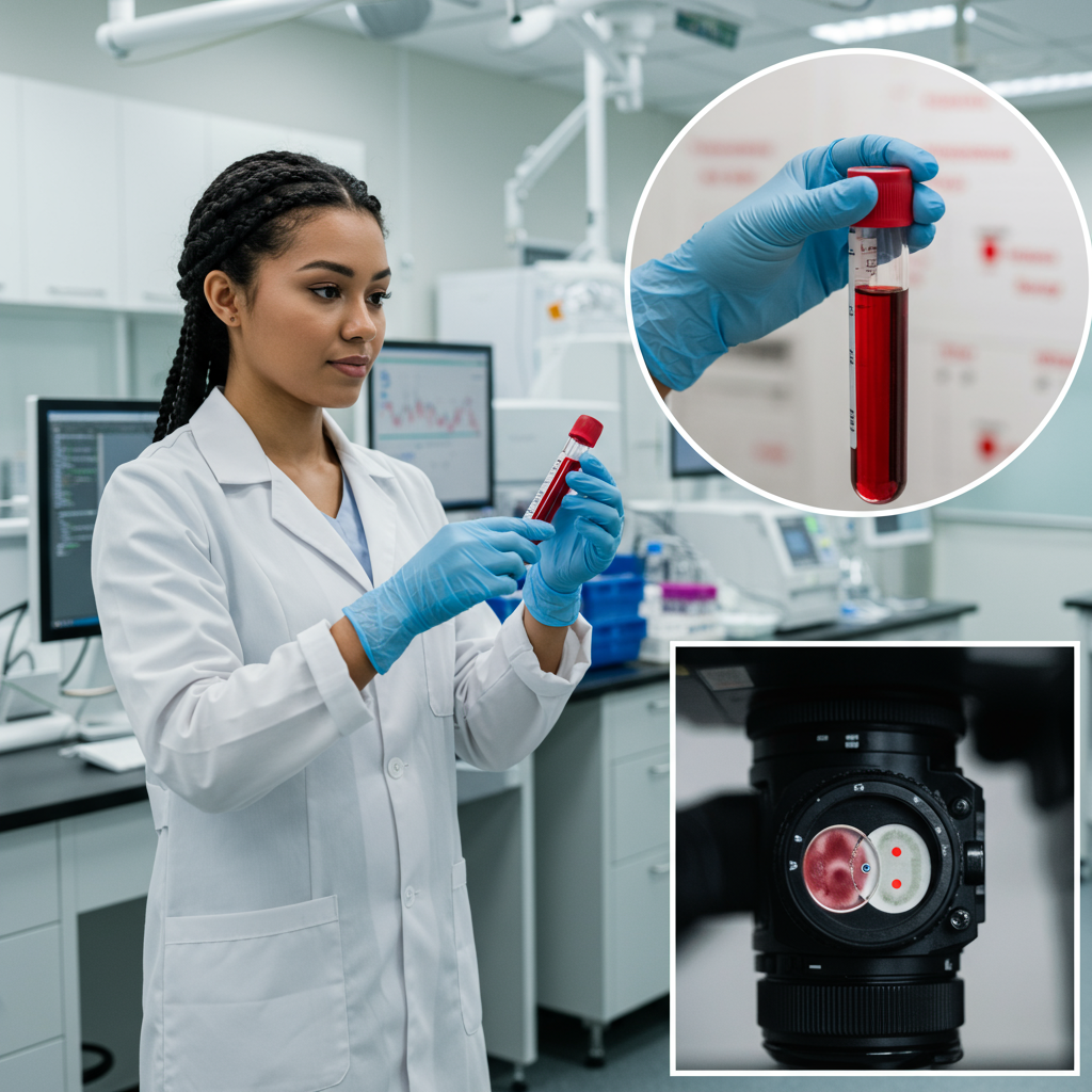 Técnica de laboratorio midiendo Tiempo de Protrombina en muestra de sangre para análisis de coagulación.