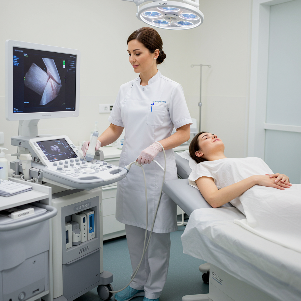 Médica realizando ultrasonido endovaginal a paciente para evaluación de órganos reproductivos femeninos con ecografía transvaginal.