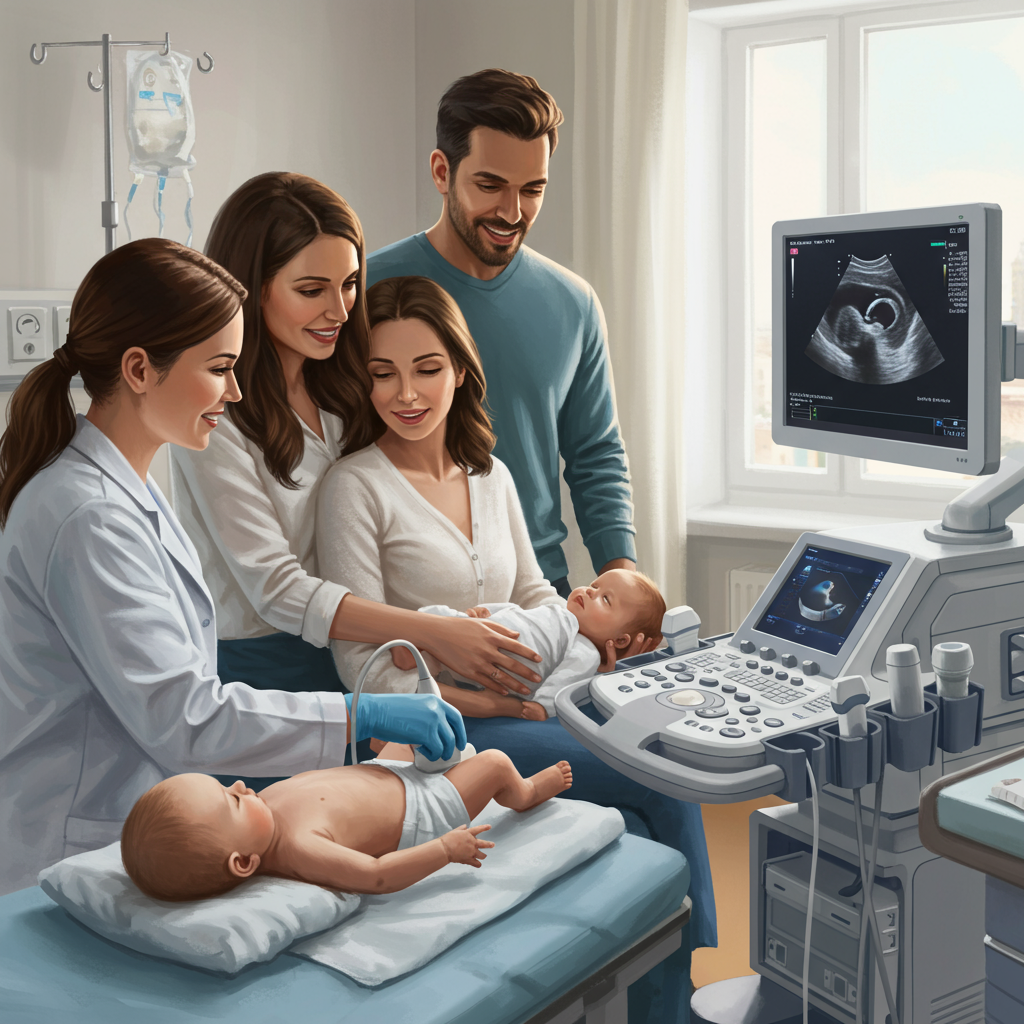 Pediatric ultrasound procedure with doctor performing ultrasonido pediátrico convencional on infant, parents observing, ultrasound machine displaying fetal images in clinic room