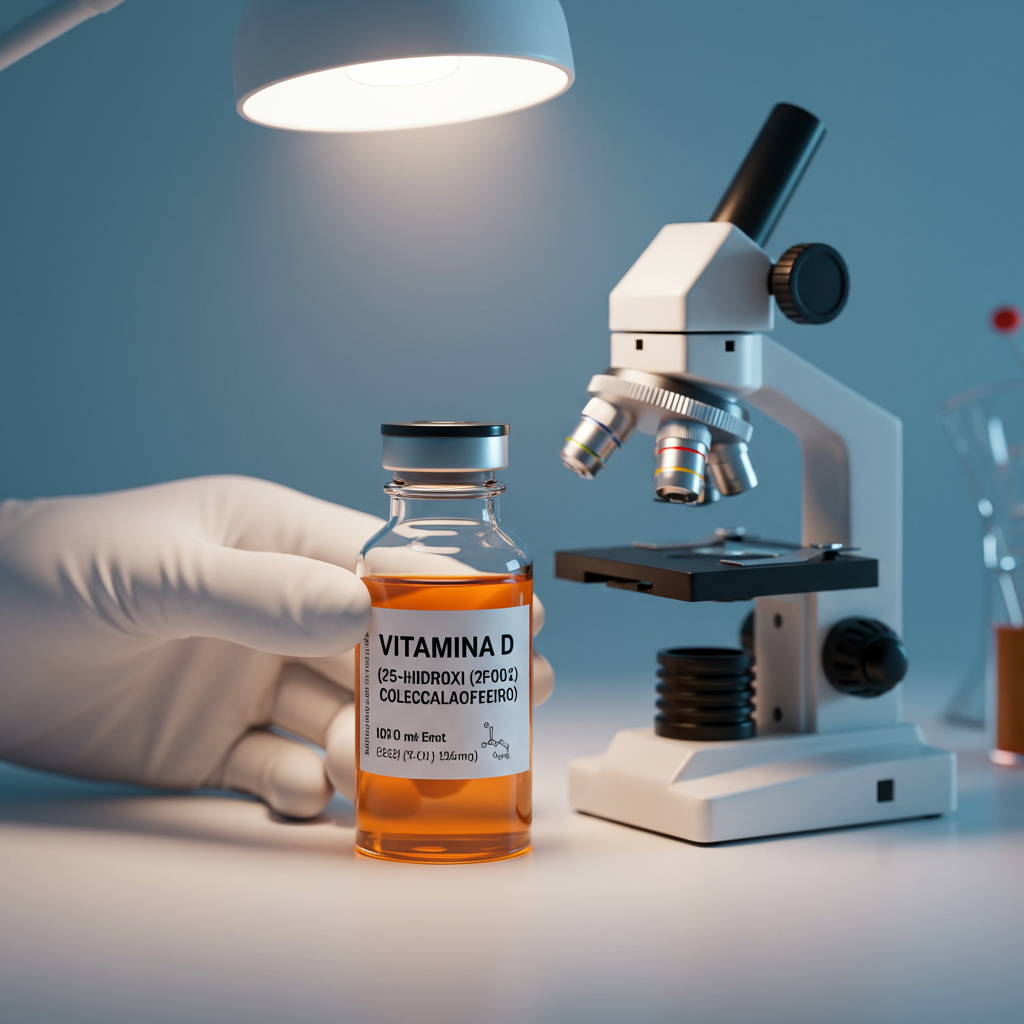 Frasco de vitamina D 25-hidroxi-colecalciferol junto a microscopio en laboratorio.