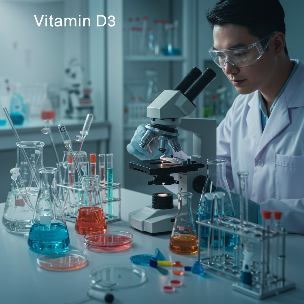 Científico analizando vitamina D3 mediante microscopio en laboratorio con equipos y líquidos químicos.