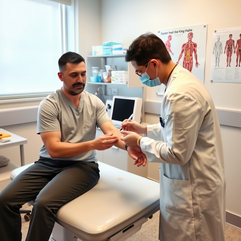 Doctor drawing blood from male patient for comprehensive male hormonal profile testing in clinic room