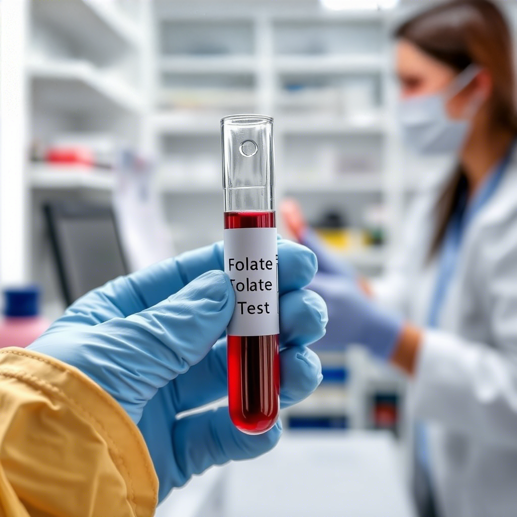 Gloved hand holding blood sample labeled folate test for folic acid deficiency check in lab setting