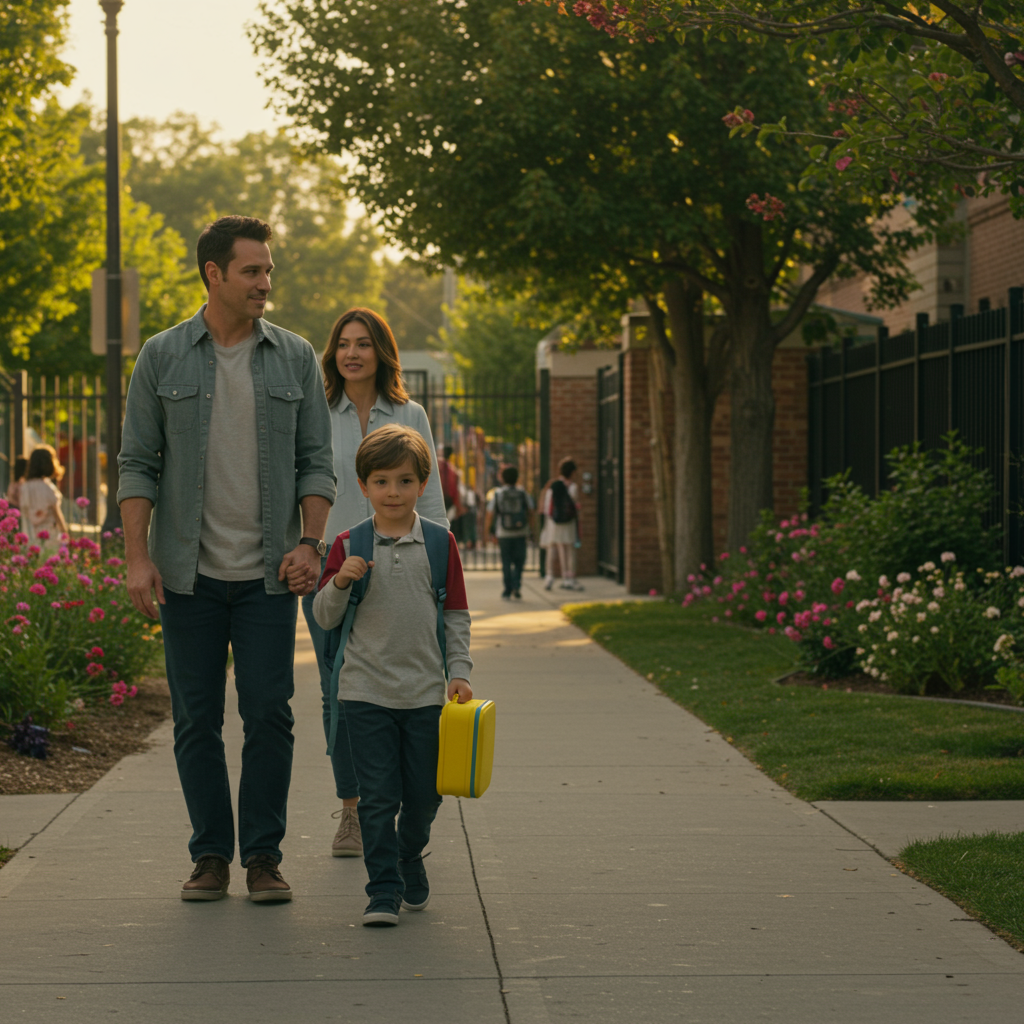 Family walking with young boy carrying lunchbox and backpack on school sidewalk at sunrise for regreso a clases health package promotion