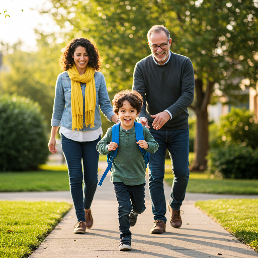 Happy child with backpack walking to school accompanied by parents on a sunny day for regreso a clases preparation