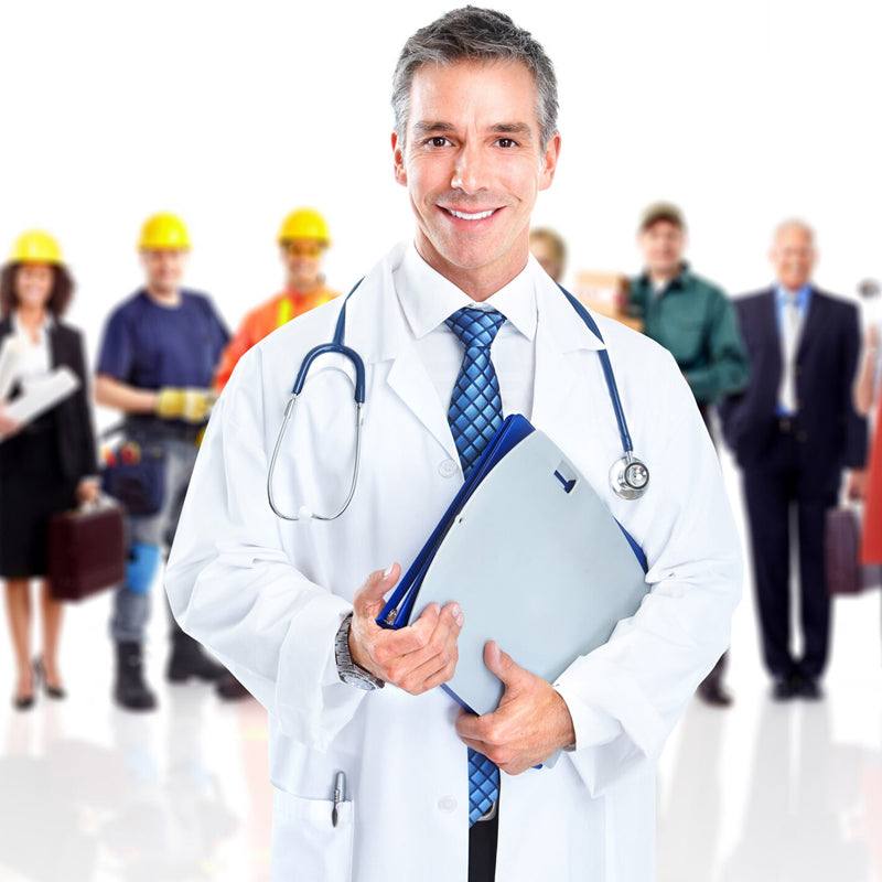 Doctor in white coat with stethoscope smiling with diverse workers in background representing occupational health services