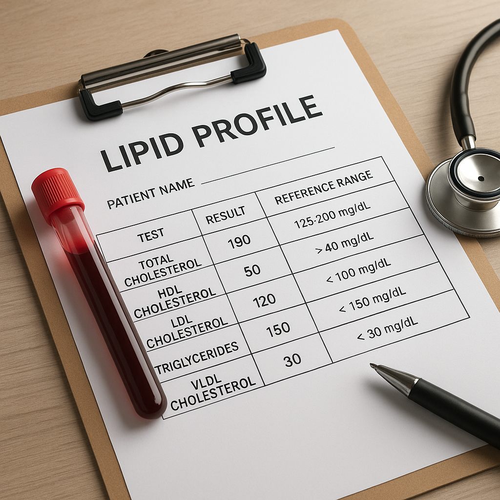 Lipid profile test results on clipboard with blood sample tube, stethoscope, and pen, showing cholesterol and triglycerides levels for Perfil de Lípidos III.