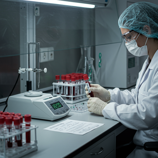 Laboratorio médico realizando prueba de Tiempo de Trombina para evaluar coagulación sanguínea.