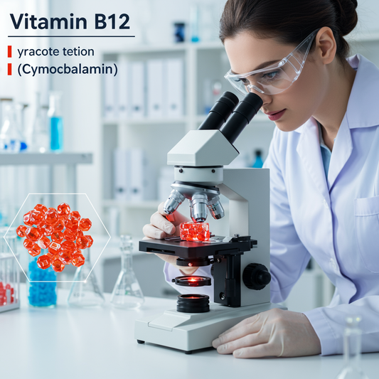 mujer científica usando microscopio en laboratorio, análisis de vitamina B12 cianocobalamina para diagnóstico y monitoreo médico